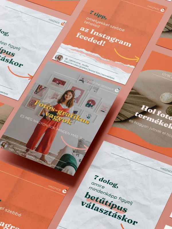 Több Instagram poszt dizájn bemutatása izometrikus perspektívából narancs színben