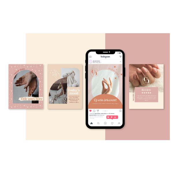 Körömstúdió vállalkozás számára készült közösségi média sablonok bézs-rózsaszín színekben, képeken körmökkel, kezekkel