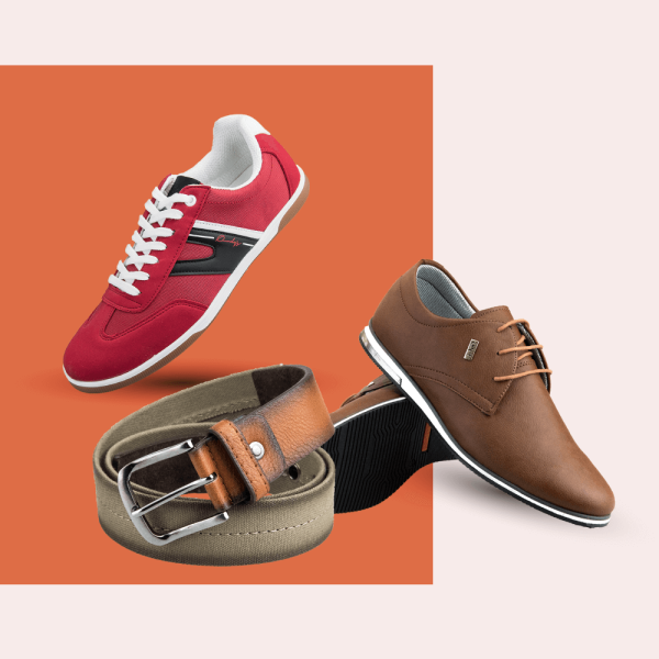 Termékfotó prezentáció egy piros-fehér sportcipőről, egy barna műbőr utcai cipőről és egy barna övről színes, narancs-bézs háttéren elhelyezve