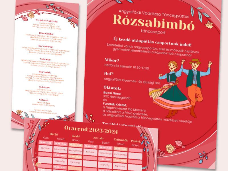 prezentáció print grafikákról saját illusztrációs plakáttal, szórólappal, órarend tervekkel néptáncos tematikával