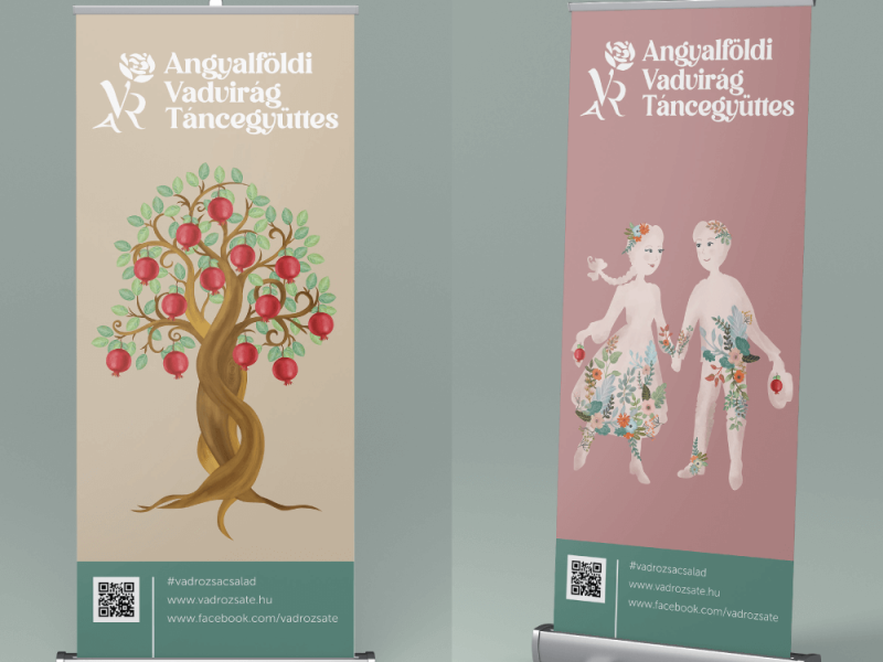 prezentáció print grafikákról saját illusztrációs roll-up tervekkel néptáncos tematikával